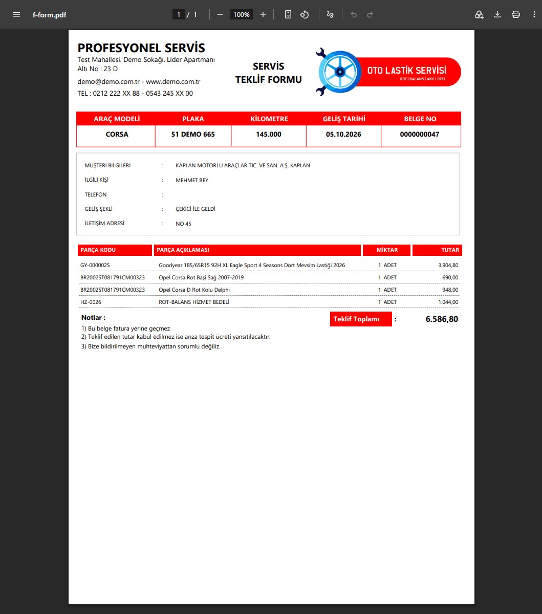 Oto Servis Fiyat Teklif Formu Çıktısı