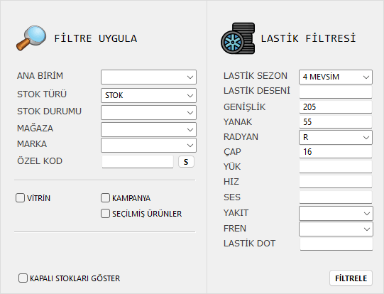 Oto Lastik Filtreleme ve Arama Ekranı