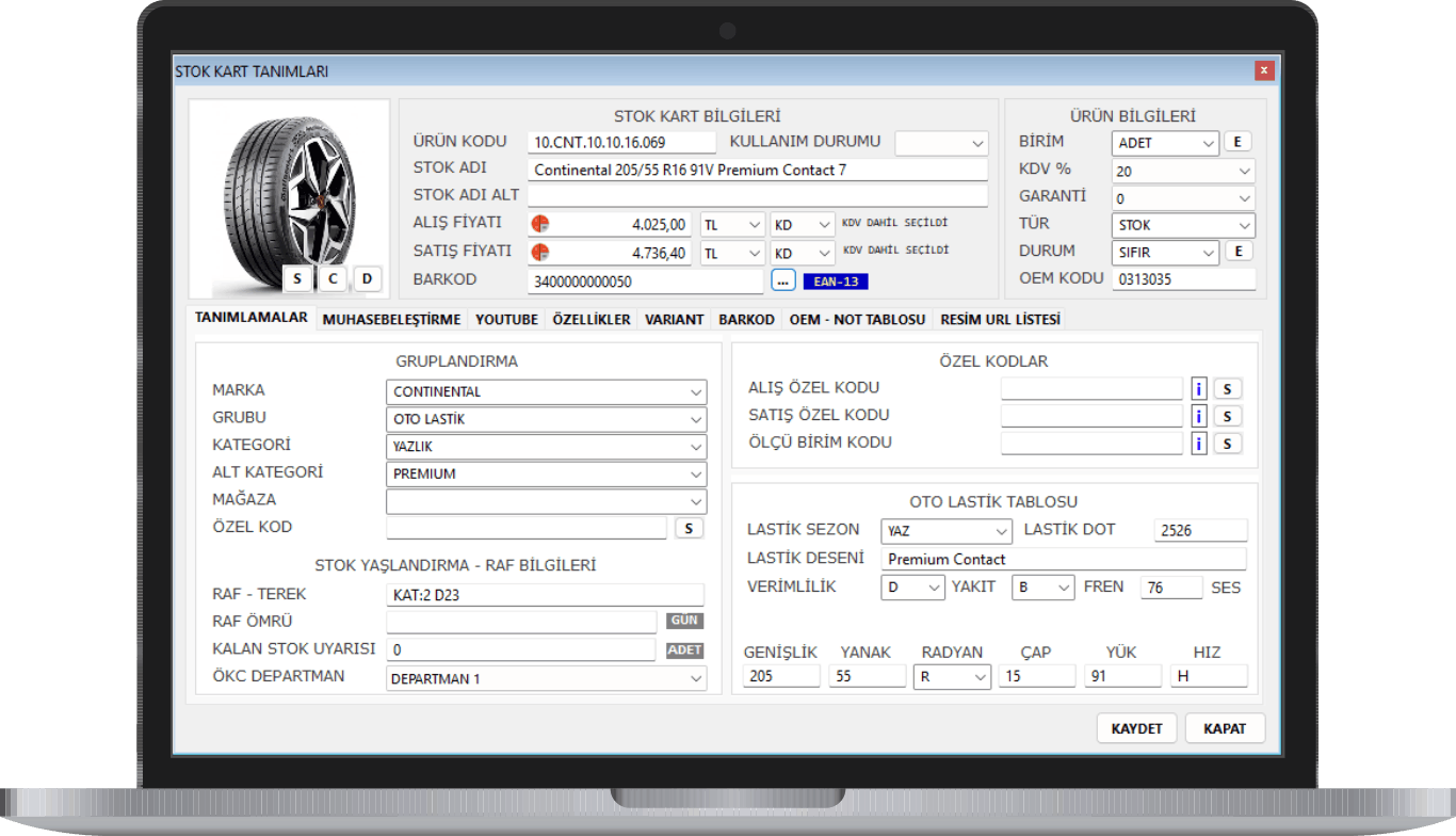 Oto lastik servis programı stok kart ekran görüntüsü