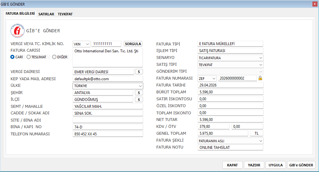 Onelee Digital Planet GİB e-Fatura ve e-Arşiv Gönderim Ekranı