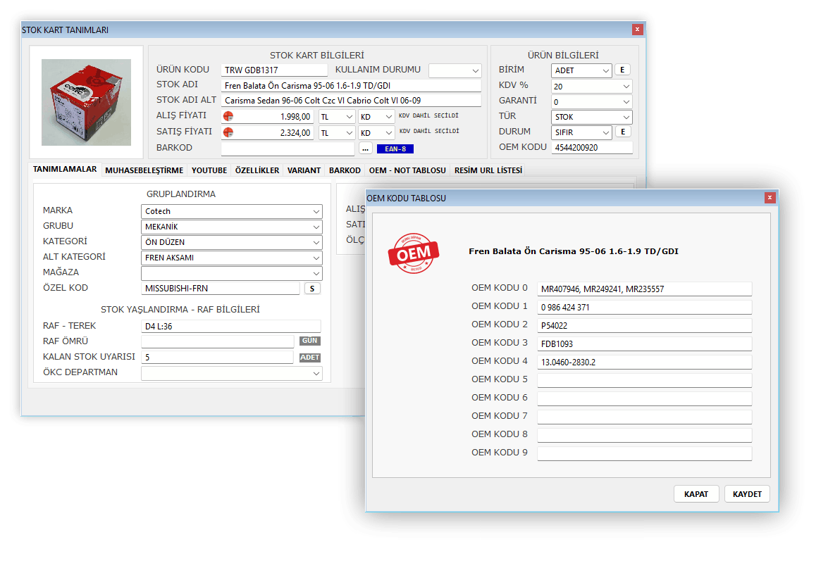 Onelee Oto Yedek Parça Programı Stok Kartı ve OEM Kod Eşleştirme Tablosu